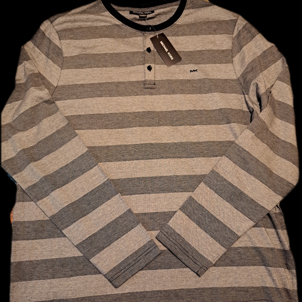 NWT XL Mens Michael Kors MK Logo Crewneck Long Sleeve Striped Henley Mesh Shirt